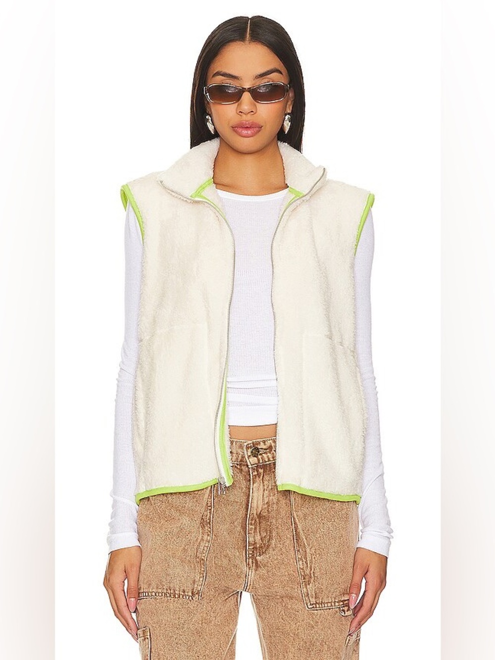 Sundry Faux Fur Sherpa Front Zip Sleeveless Vest Cream Lime